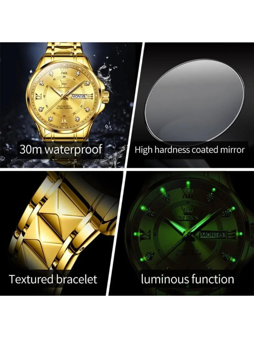 Olevs Men's Gold Stainless Steel Analog Quartz Waterproof Luminous Wrist Watch